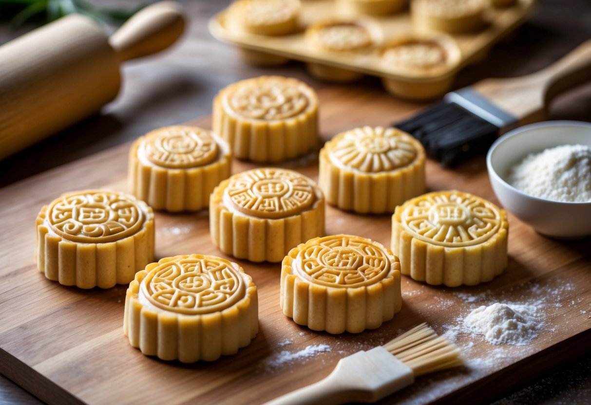 Close-up of freshly baked mooncakes with some patterns fading, surrounded by baking tools on a wooden surface.