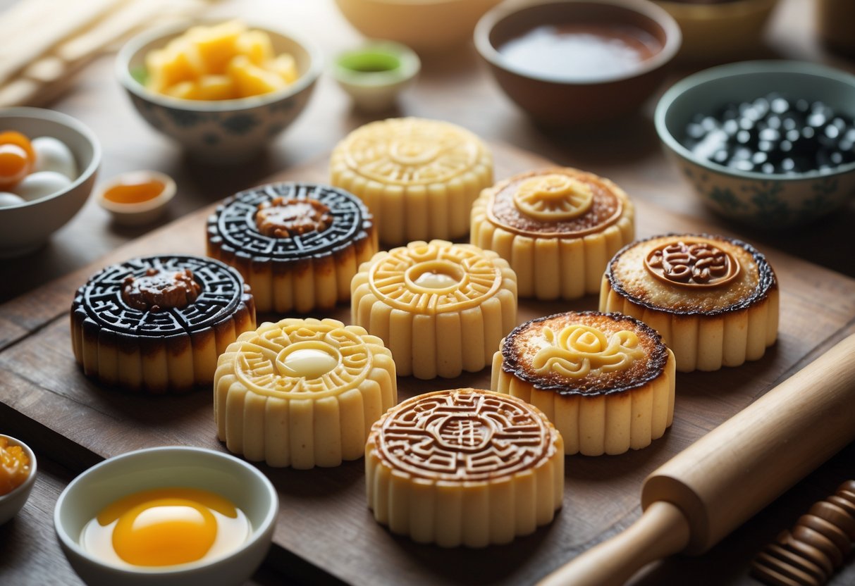 Close-up of mooncakes with some burnt and uneven colored crusts on a wooden surface, surrounded by baking ingredients and tools.