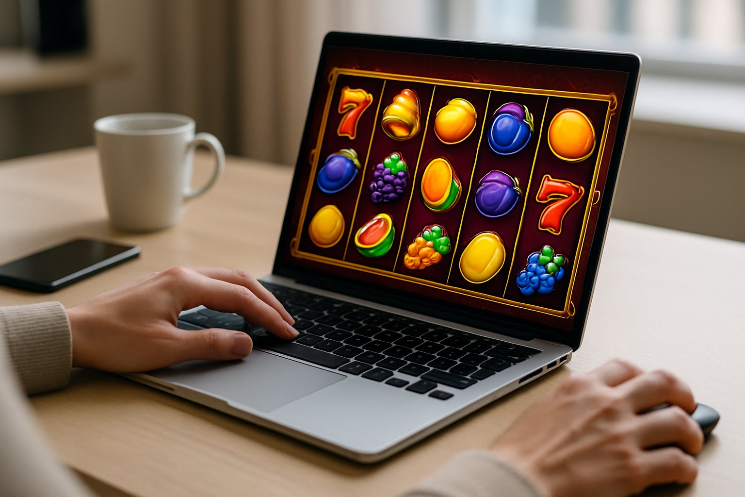 Seseorang sedang bermain permainan slot online menggunakan laptop di sebuah meja yang rapi dengan beberapa barang di sekitar.