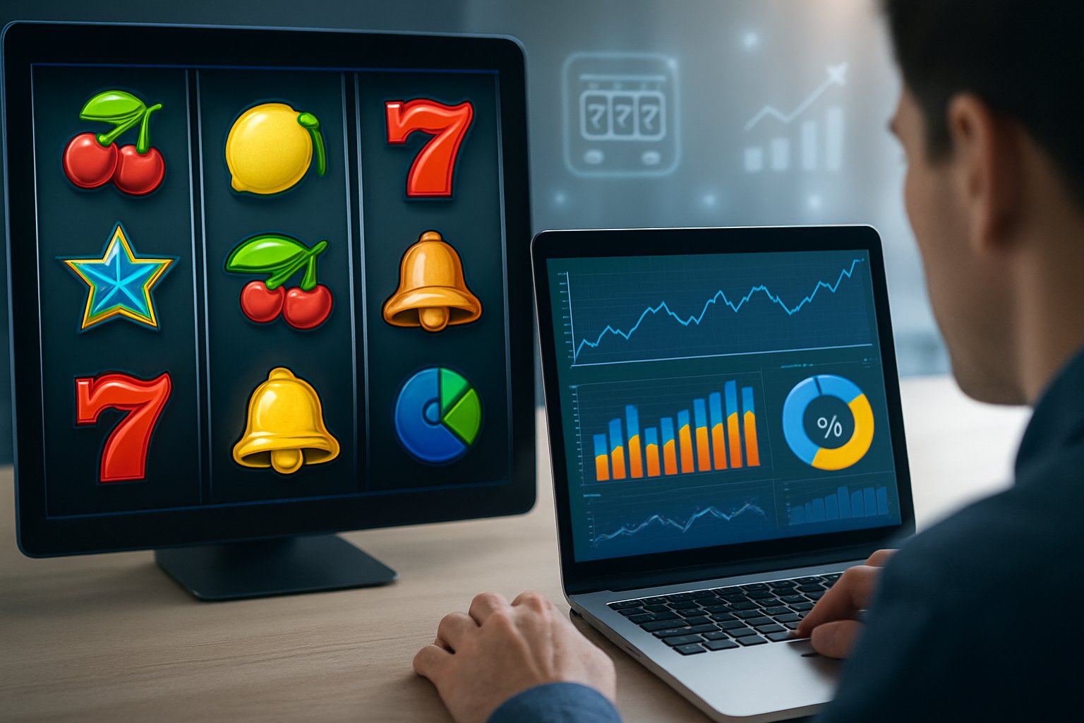 Seseorang sedang menganalisis grafik dan data slot online di depan laptop dengan latar belakang mesin slot digital.