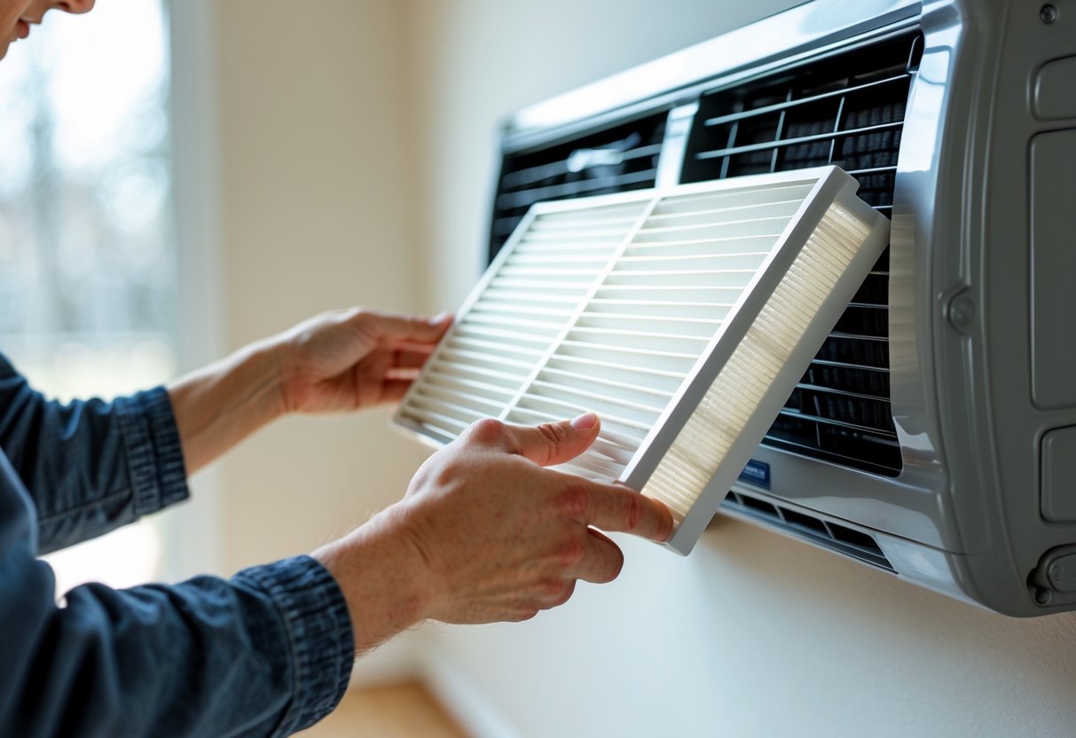 Person replacing an air conditioning filter in a wall-mounted unit inside a home.