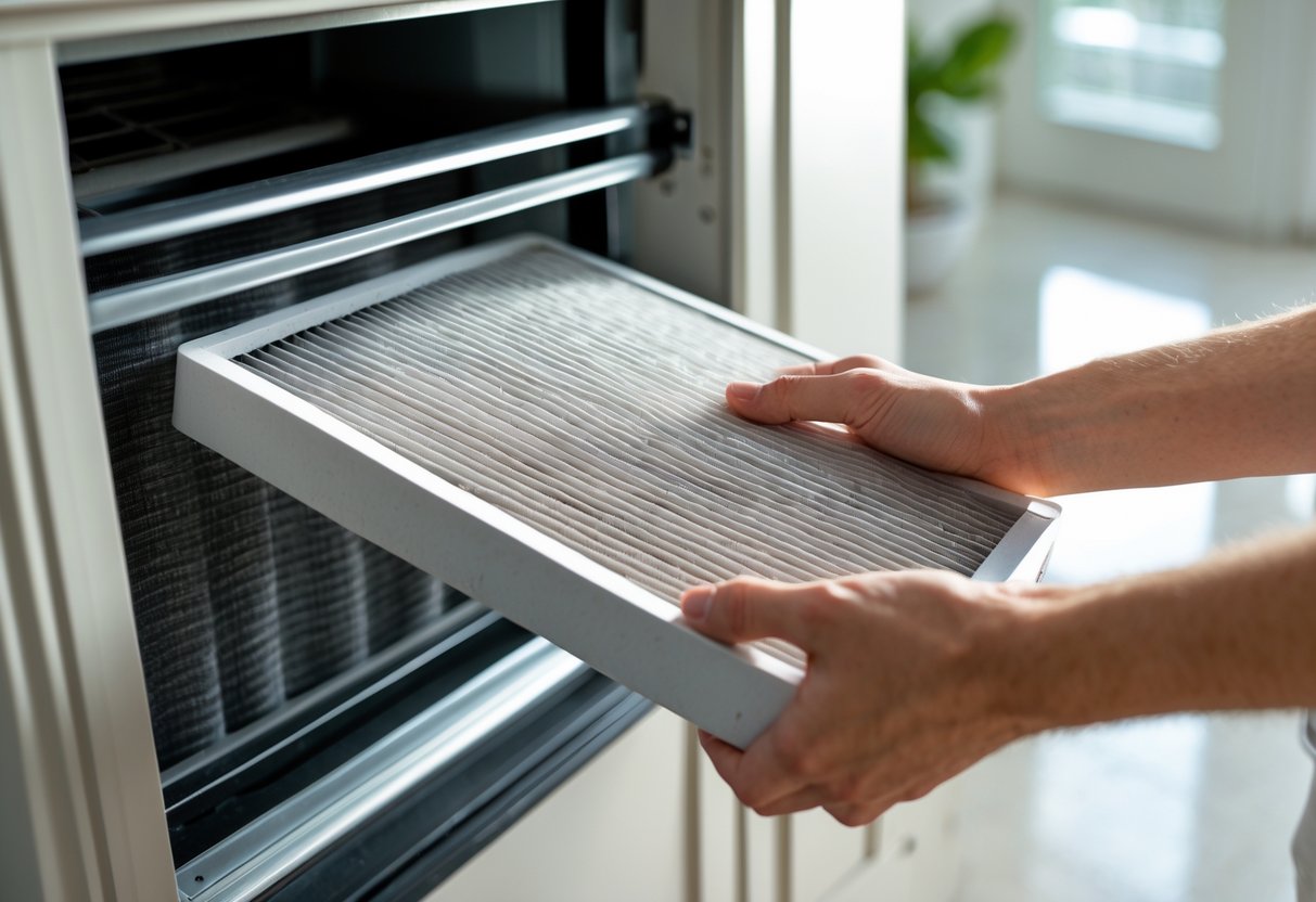 Close-up of hands removing an air conditioning filter from an indoor AC unit in a clean home setting.