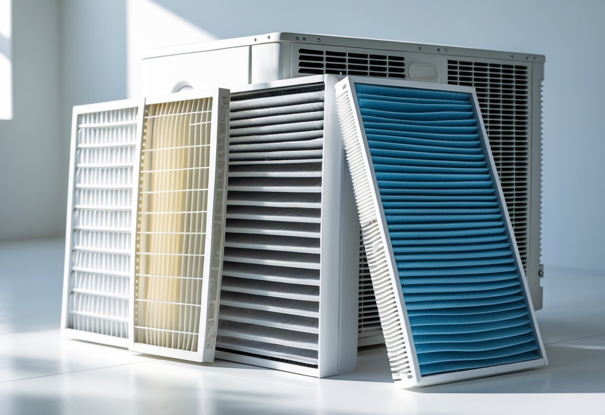 A clean air conditioning unit with several different types of air filters displayed next to it on a white surface.