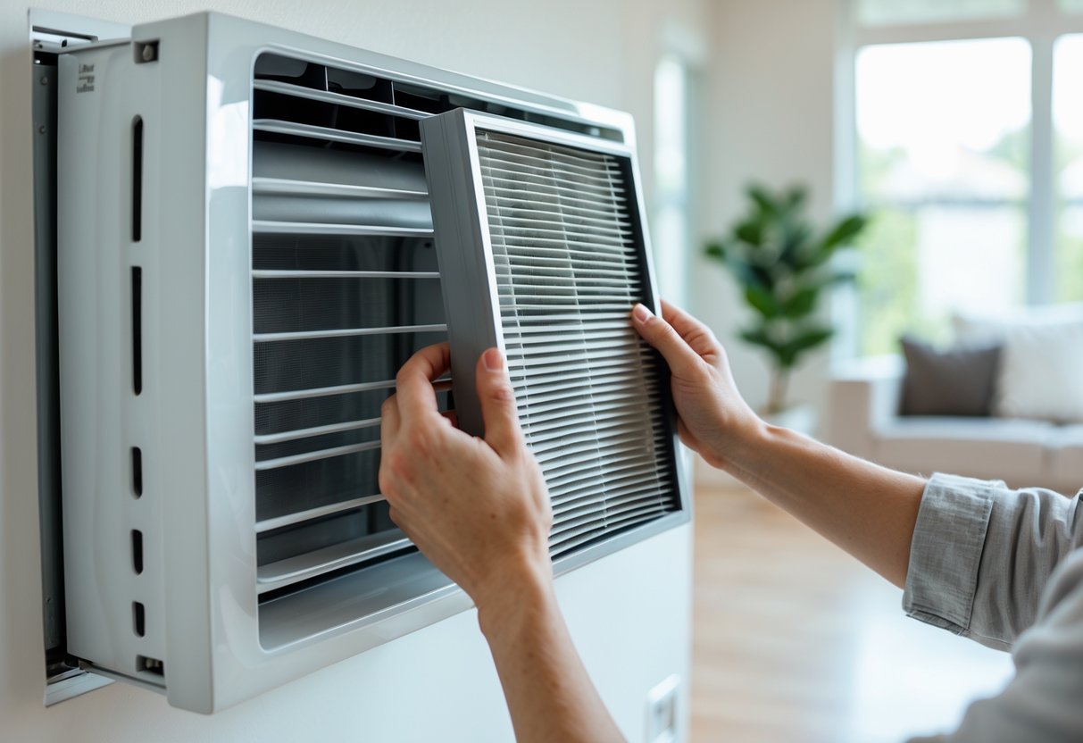 Hands removing an air conditioning filter from a wall-mounted AC unit in a bright living room.