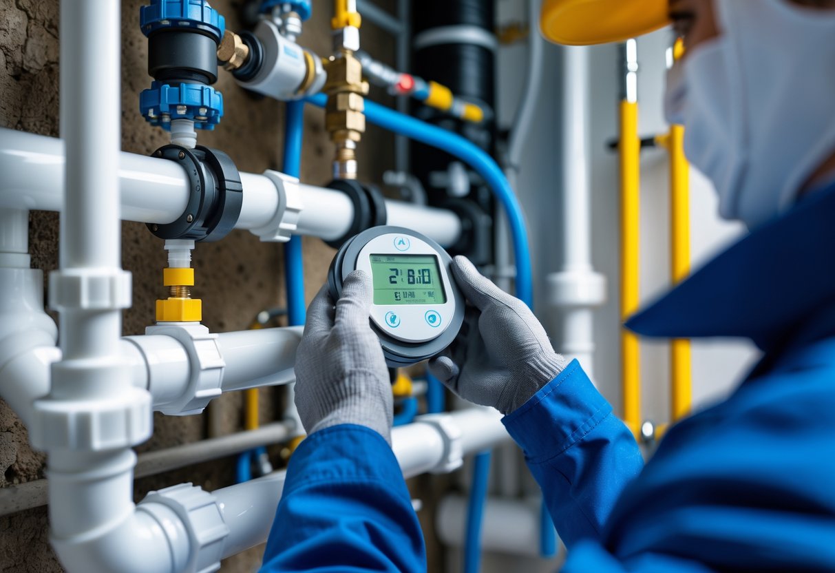 A plumber inspecting a sewer pipe system with water-saving fittings and a digital water flow meter in a utility room.