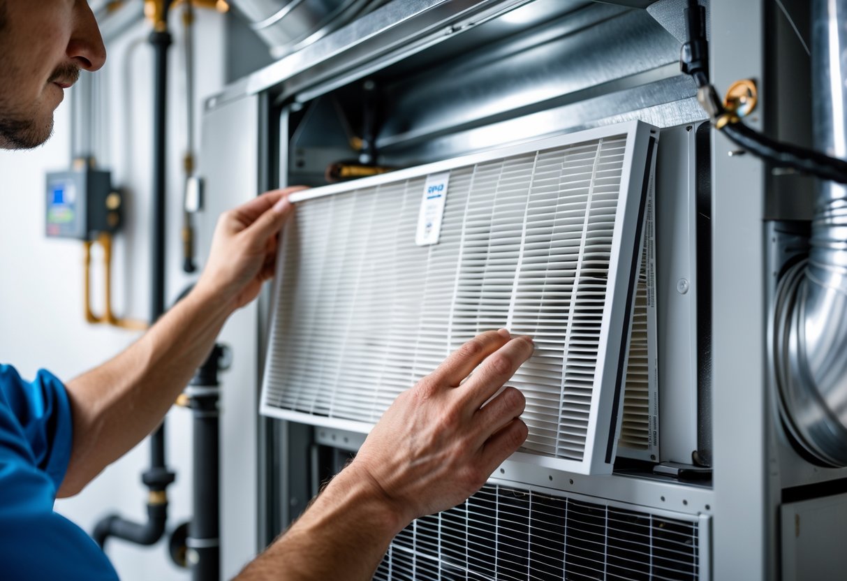 Technician installing a high-efficiency air filter inside an air conditioning unit in a mechanical room.