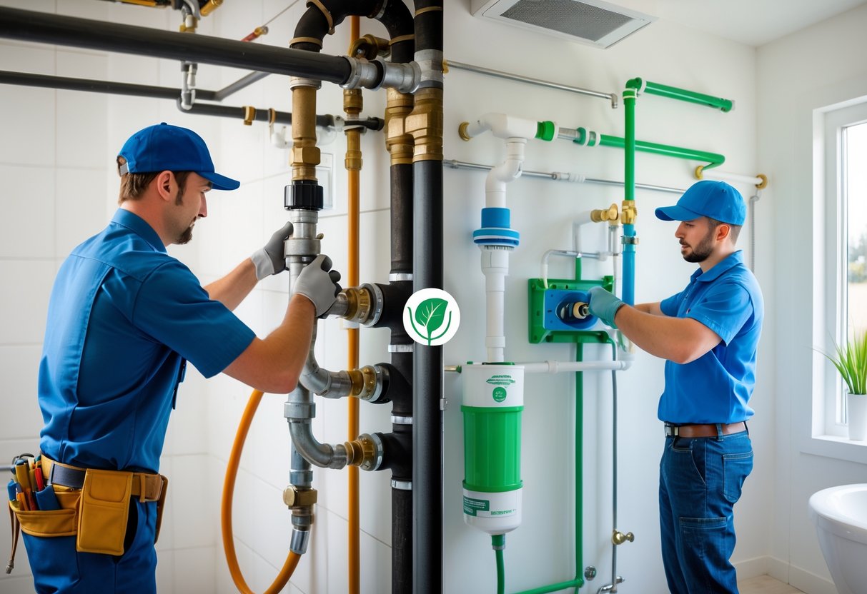 A split image showing a plumber working on traditional metal pipes on one side and another plumber installing eco-friendly green plumbing fixtures on the other side in a bright bathroom.