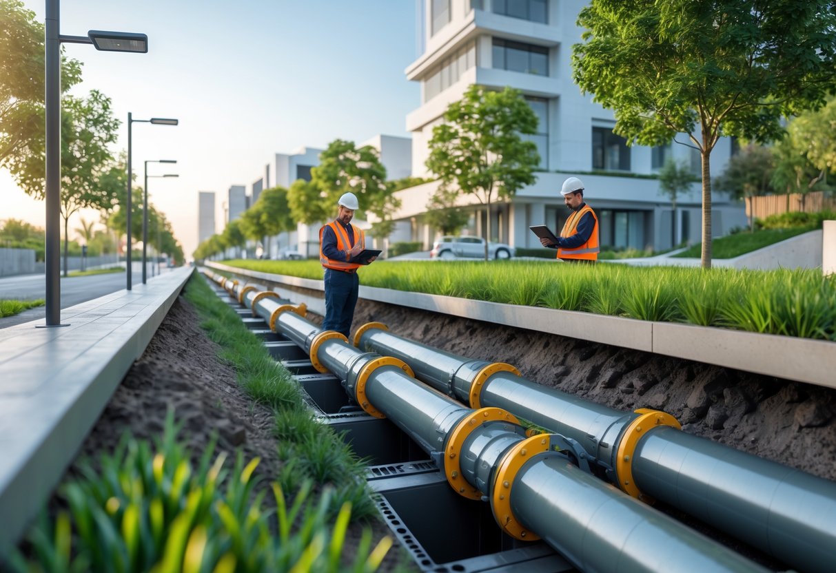Minimizing Carbon Footprint through Efficient Sewer Line Design for Sustainable Urban Infrastructure 1 Engineers inspecting an eco-friendly sewer line system underground in a green urban area with trees and clean streets.