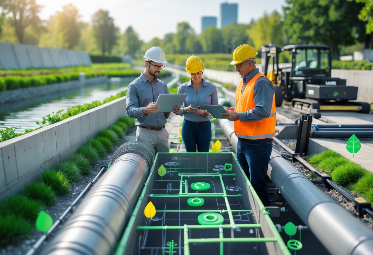 Minimizing Carbon Footprint through Efficient Sewer Line Design for Sustainable Urban Infrastructure 2 Engineers examining sewer line blueprints and digital models at a construction site surrounded by green trees and clean water.