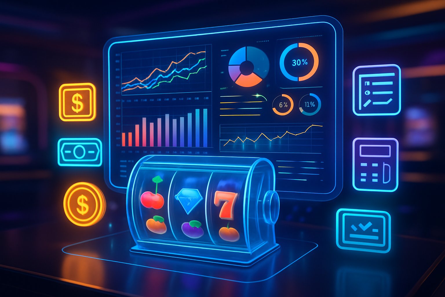 Tampilan 3D dari dashboard digital dengan grafik dan mesin slot holografik yang menunjukkan konsep manajemen modal yang bijak dalam bermain slot online.