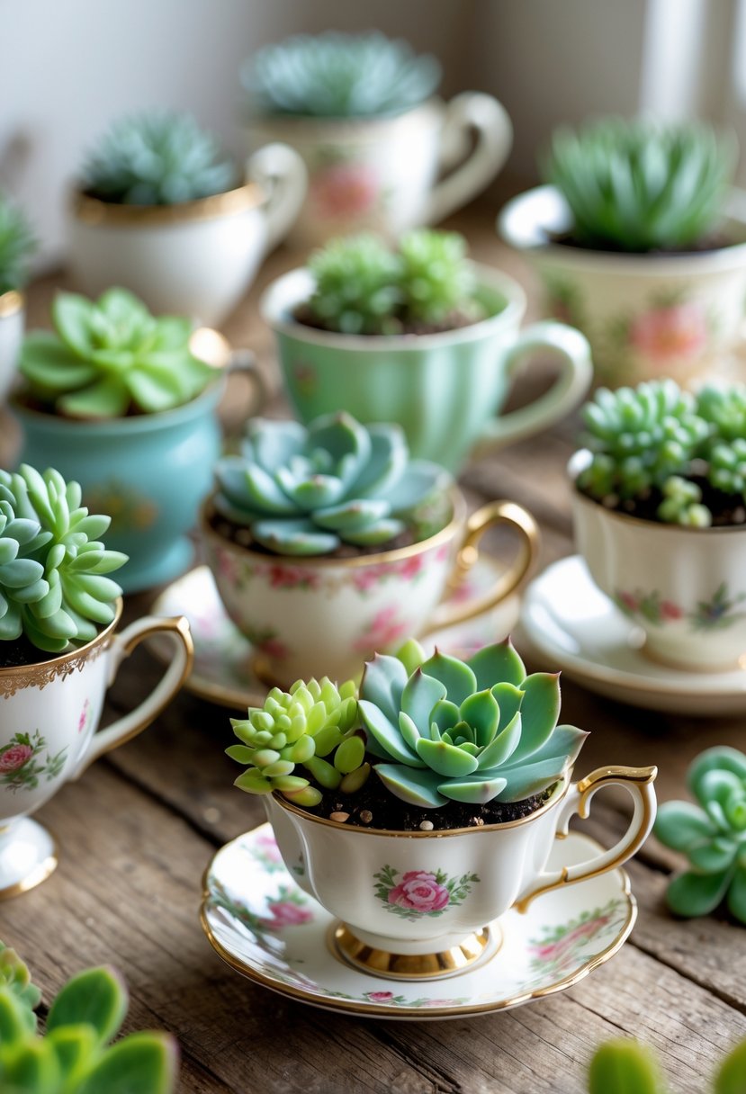 A collection of vintage teacups filled with various small succulent plants arranged on a wooden surface.