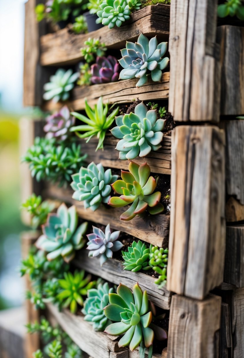 A vertical wooden frame filled with various small succulent plants arranged in compartments.