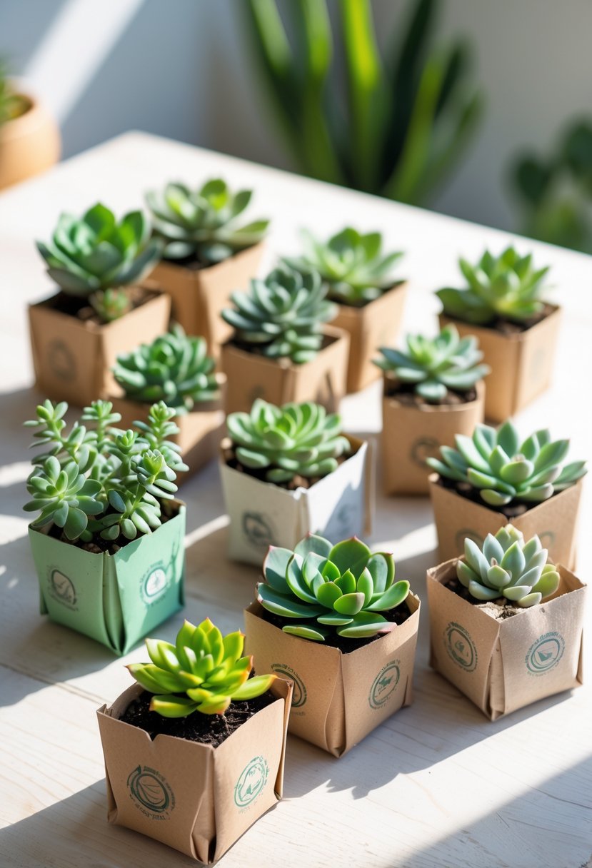 A group of small succulent plants in recycled carton planters arranged on a wooden surface with natural light.