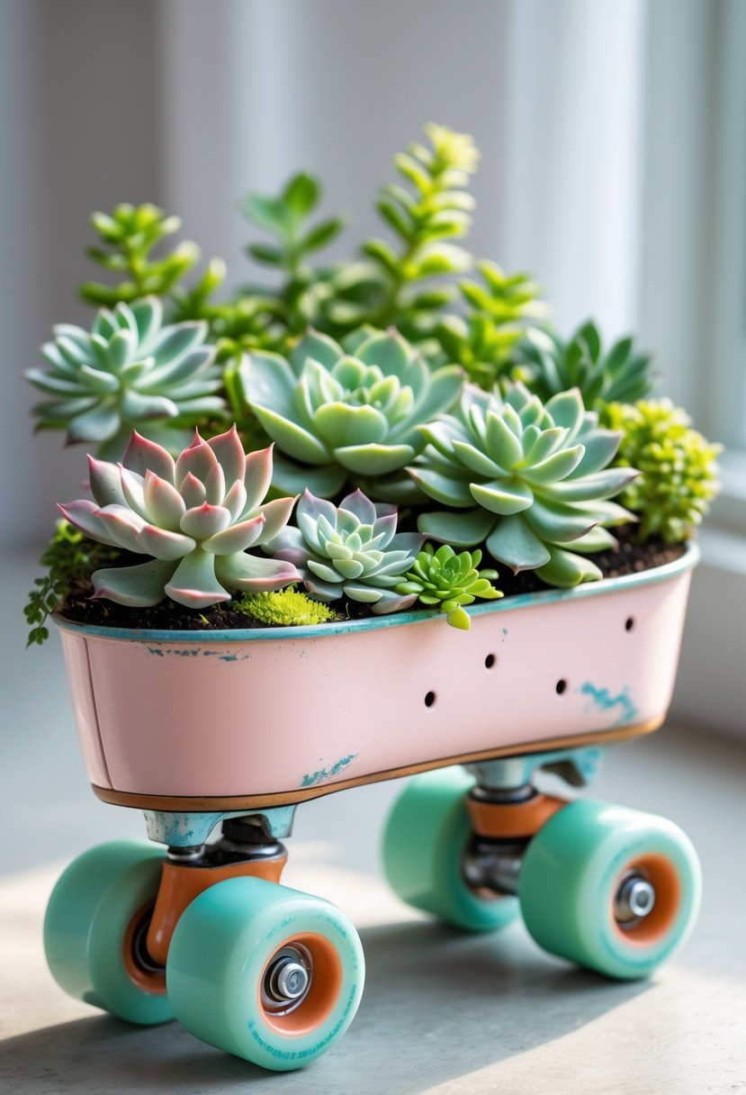 A roller skate used as a planter filled with various healthy succulents on a neutral surface.