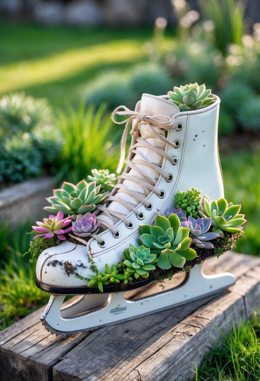 An outdoor garden scene with a white ice skate used as a planter filled with various small succulent plants on a wooden surface surrounded by grass.