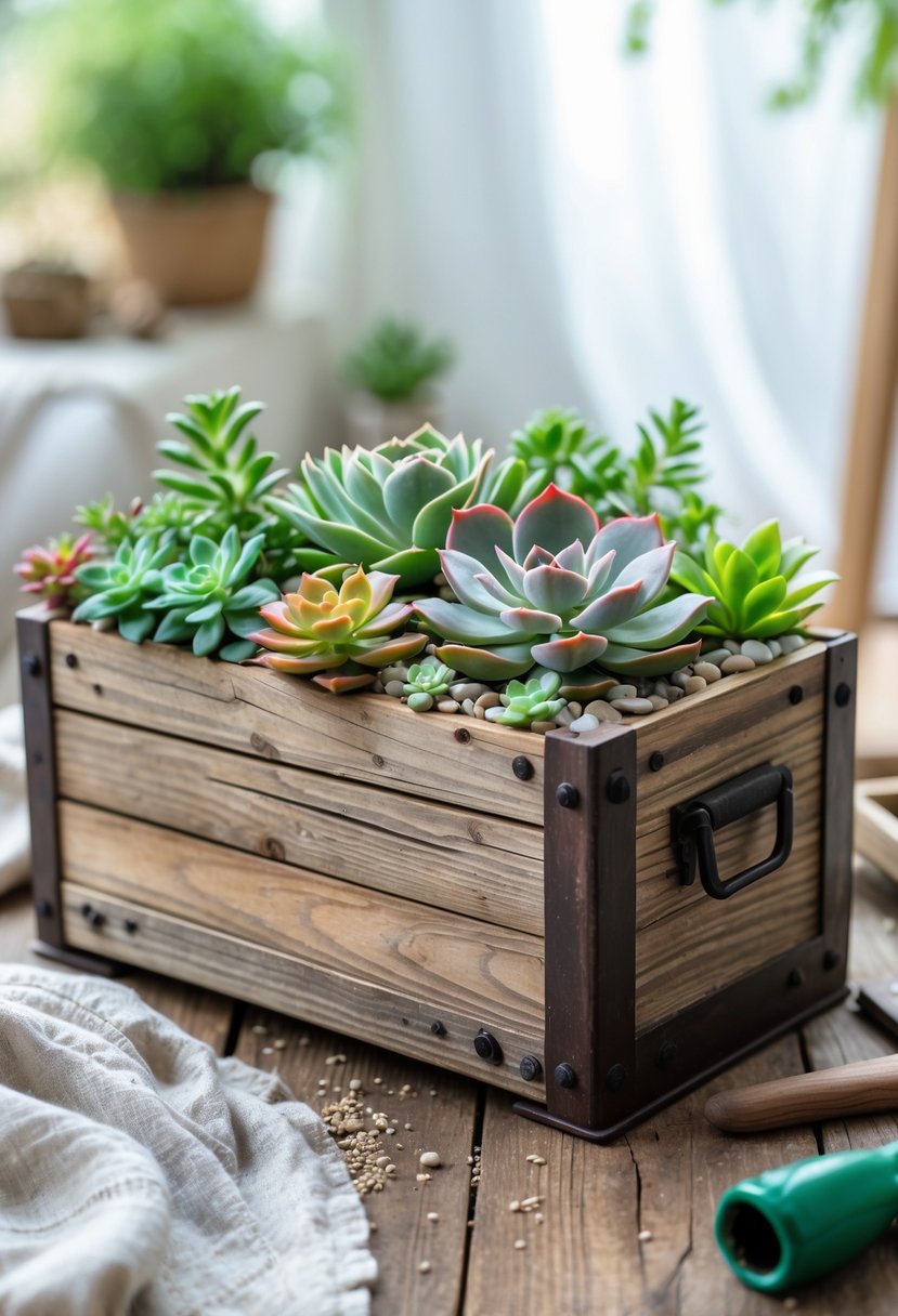 A wooden toolbox filled with various colorful succulents placed on a table with gardening tools nearby.