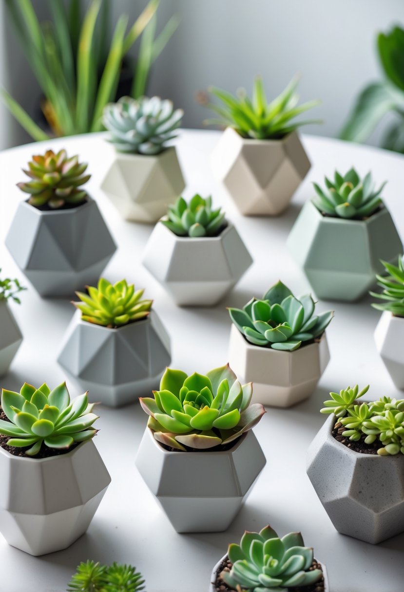 A collection of geometric ceramic planters holding various succulent plants arranged on a clean surface.