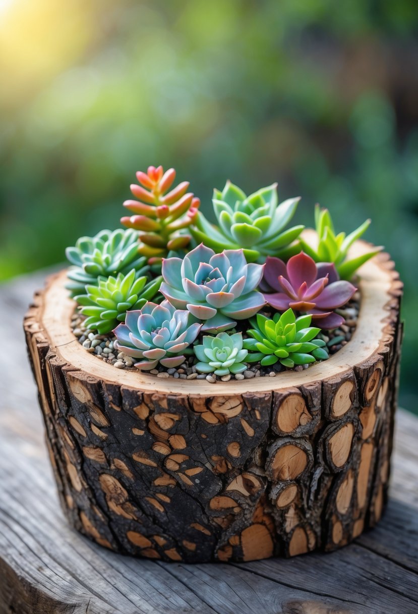 A hollowed-out log filled with various colorful succulent plants on a wooden surface with a blurred green background.