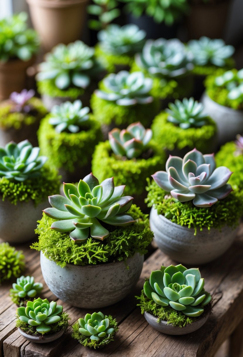 A group of moss-covered succulent planters with various small green plants arranged on a wooden surface.