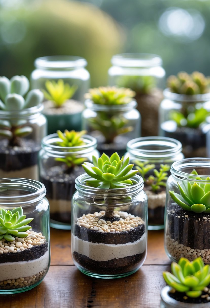 Glass jars filled with layered soil and various succulent plants arranged on a wooden surface.