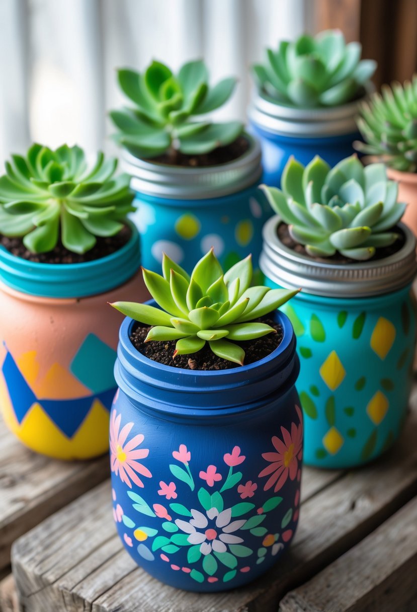 A collection of painted mason jars decorated with patterns, each holding a different succulent plant, arranged on a wooden surface.