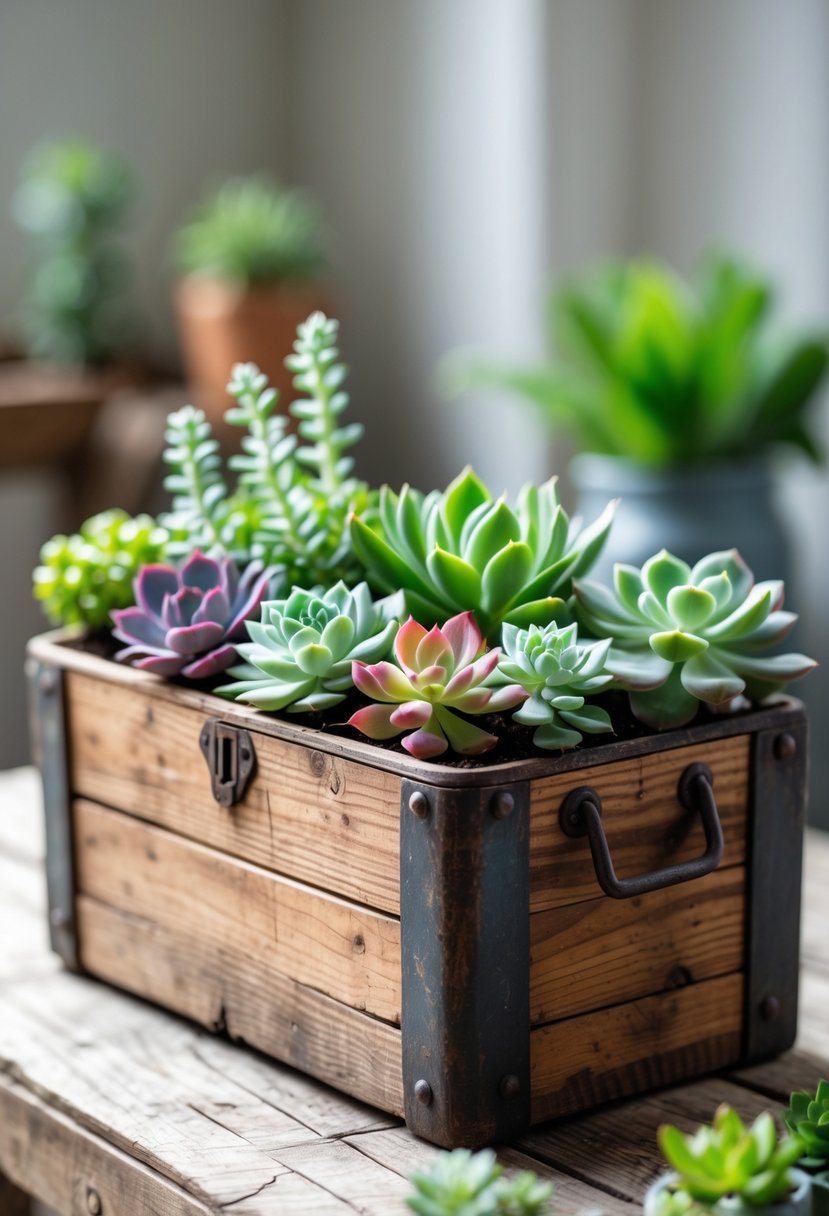 A vintage wooden toolbox used as a planter with multiple compartments filled with various colorful succulent plants.