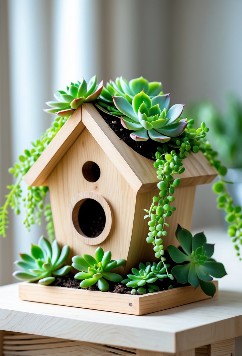 A wooden birdhouse-shaped planter filled with green succulents sitting on a light wooden surface.