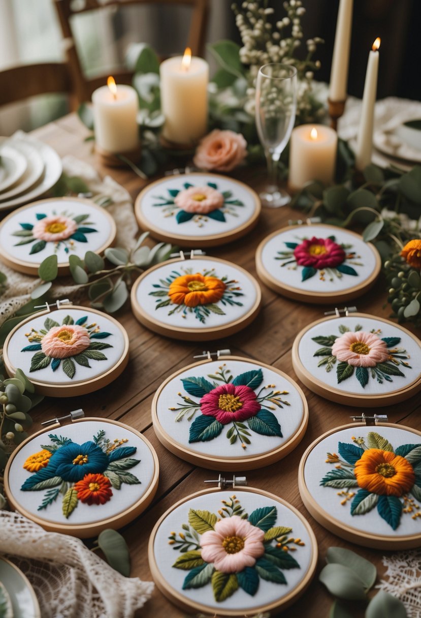 Multiple embroidery hoops with colorful floral designs arranged as wedding centerpieces on wooden tables with candles and greenery.