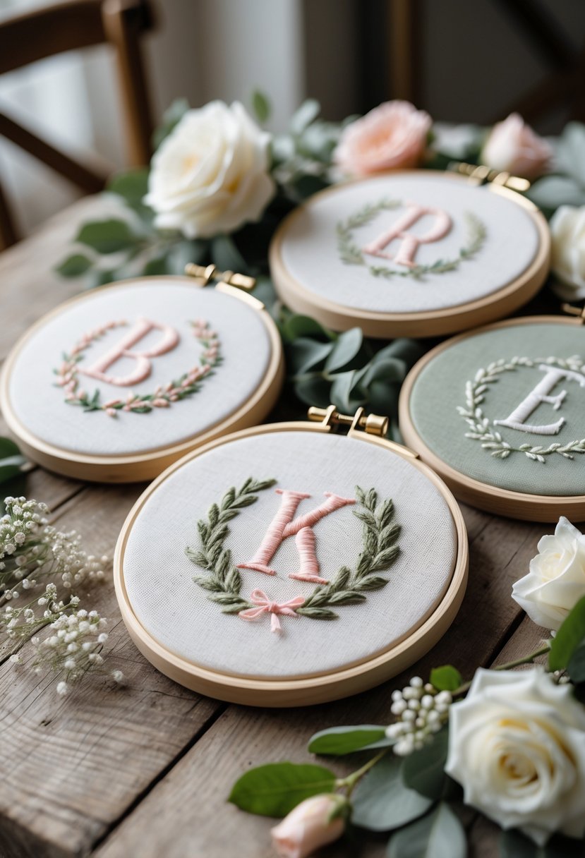 A collection of wooden embroidery hoops with stitched monogram initials arranged on a wooden table decorated with white flowers and greenery.