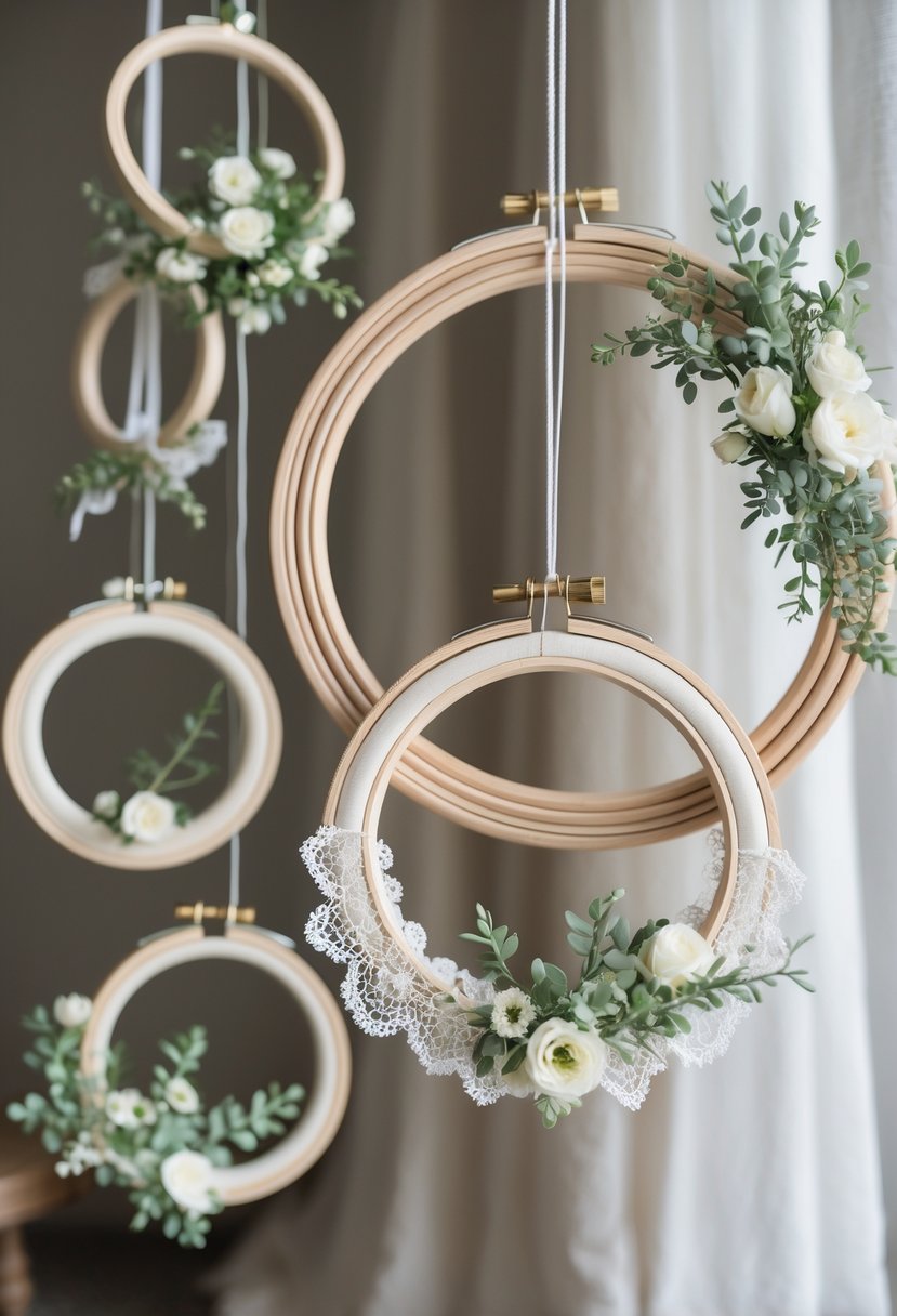 Several hanging embroidery hoop wreaths decorated with lace, greenery, and small white flowers against a neutral background.