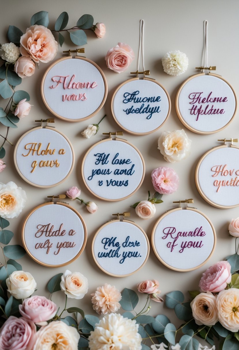 A display of multiple embroidery hoops with colorful stitched designs surrounded by flowers, arranged as wedding decorations.