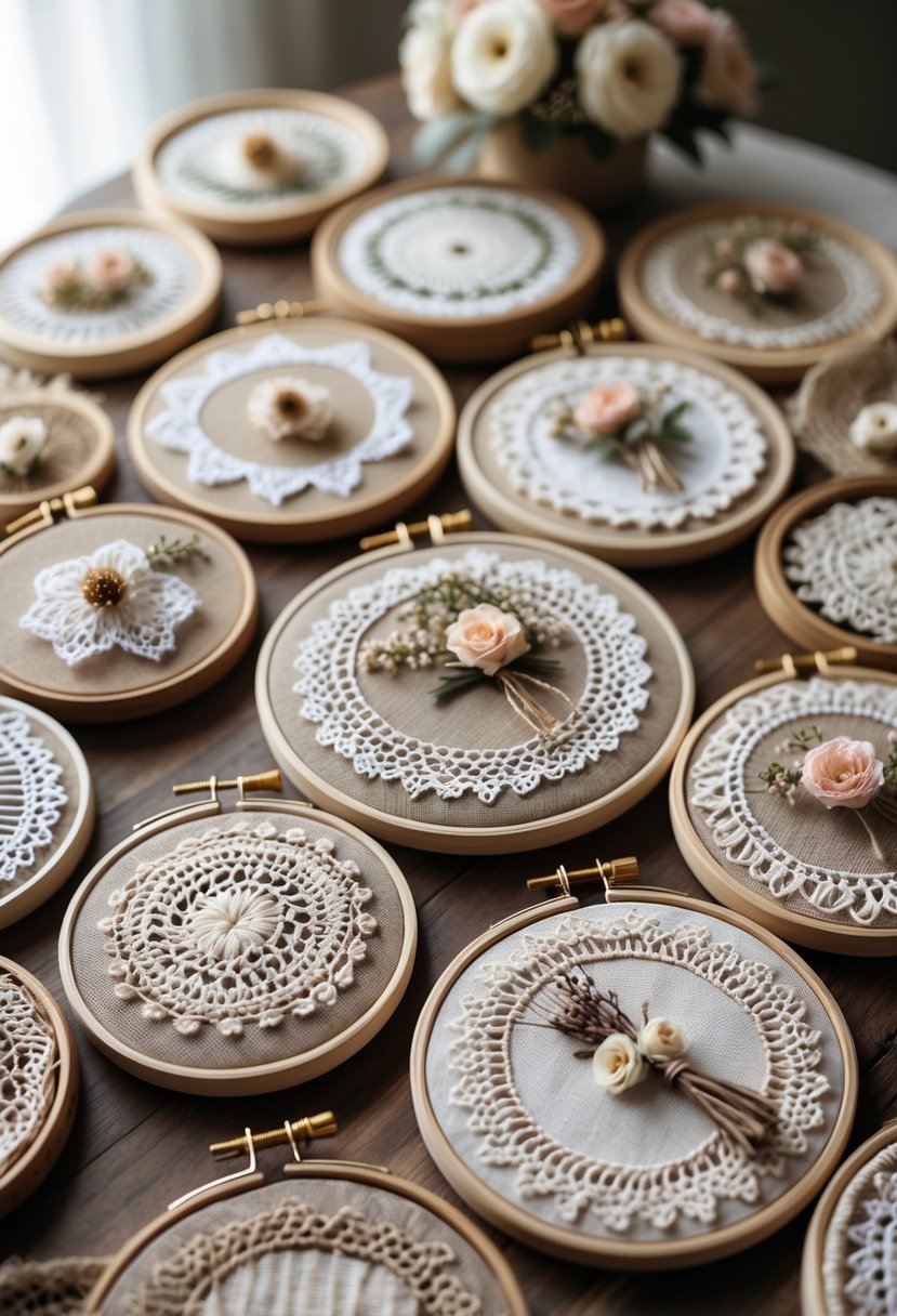 A collection of embroidery hoops with fabric and crochet designs arranged on a wooden surface as wedding decorations.
