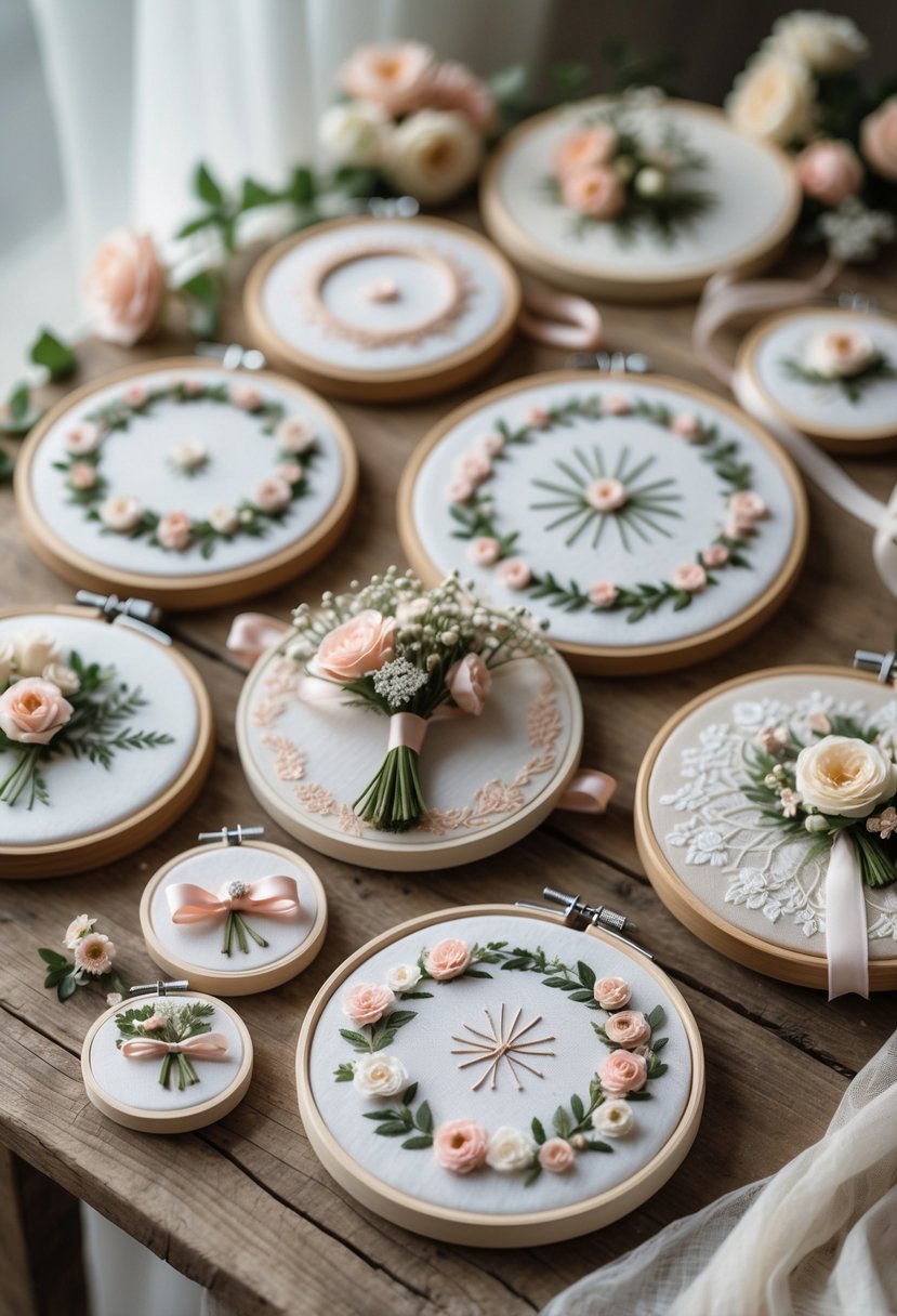 A variety of embroidery hoops decorated with floral patterns and small bouquets arranged on a wooden surface.