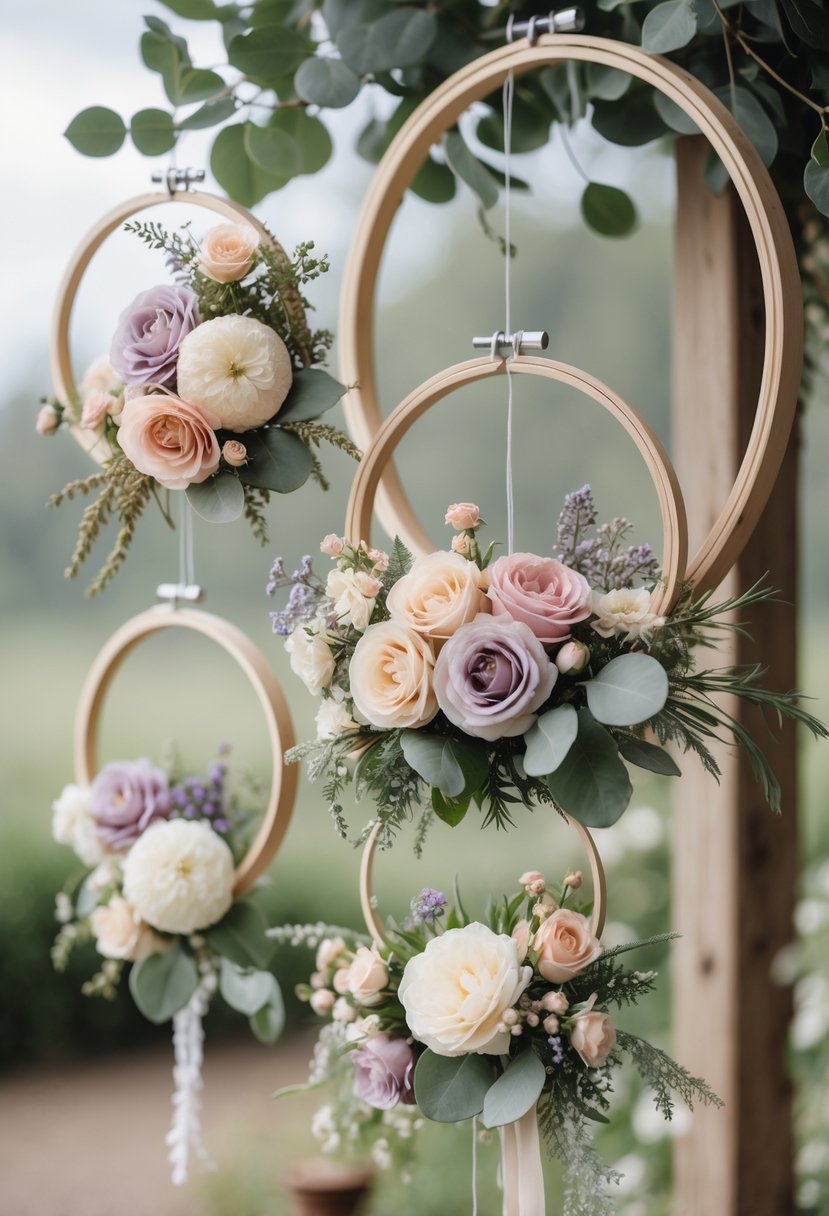 Several embroidery hoops decorated with colorful flowers and greenery hanging at different heights outdoors.