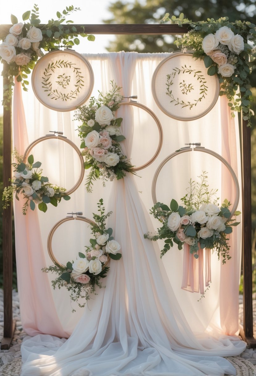 A wedding ceremony backdrop made of multiple embroidery hoops decorated with flowers and greenery, arranged outdoors.