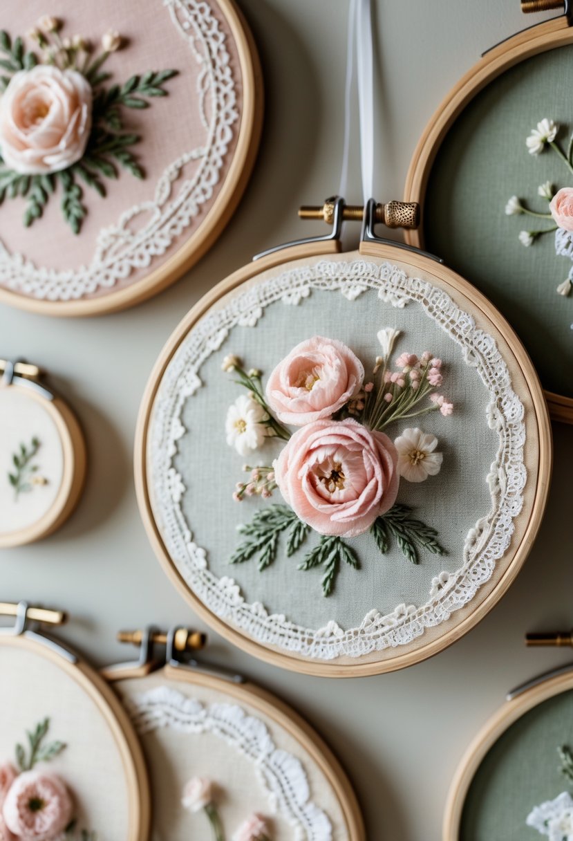 A collection of wooden embroidery hoops decorated with lace and floral embroidery in soft pastel colors, arranged as wedding decor against a neutral background.