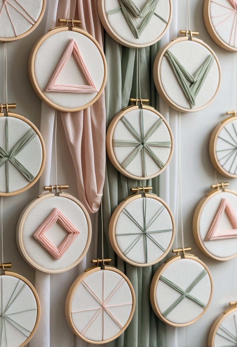 Fifteen embroidery hoops with geometric stitched patterns displayed as wedding decorations on a light background.