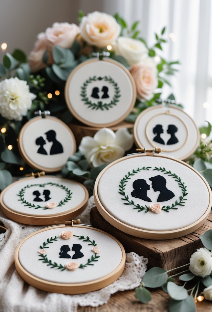 A collection of custom silhouette embroidery hoops with wedding-themed designs displayed on a wooden table decorated with flowers and greenery.