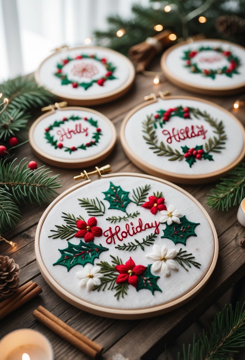 A display of holiday-themed embroidered wedding hoops decorated with holly, berries, pinecones, and snowflakes arranged on a wooden table with evergreen sprigs and fairy lights.