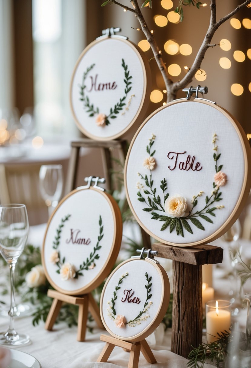 A wedding reception table decorated with embroidery hoops featuring floral designs and greenery, arranged as elegant table decor.