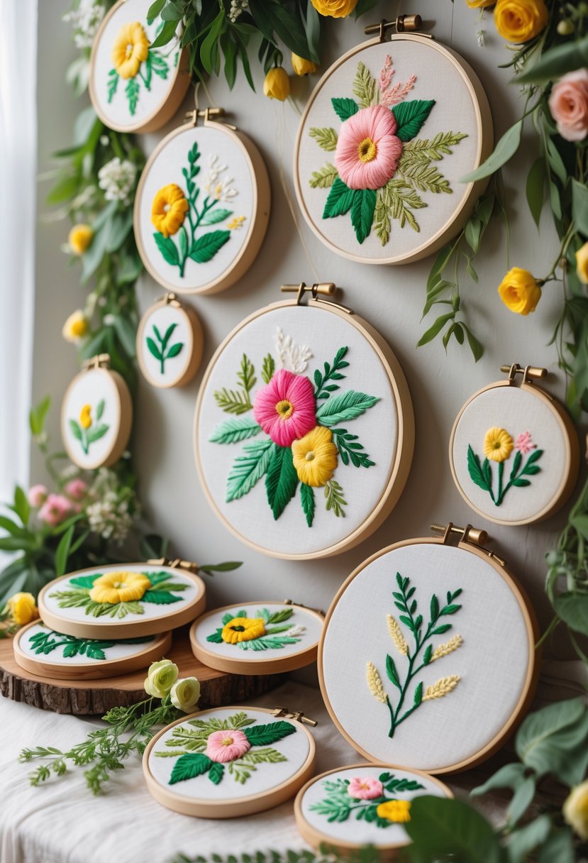 A display of multiple embroidery hoops decorated with colorful floral and leaf designs, arranged as wedding decorations.