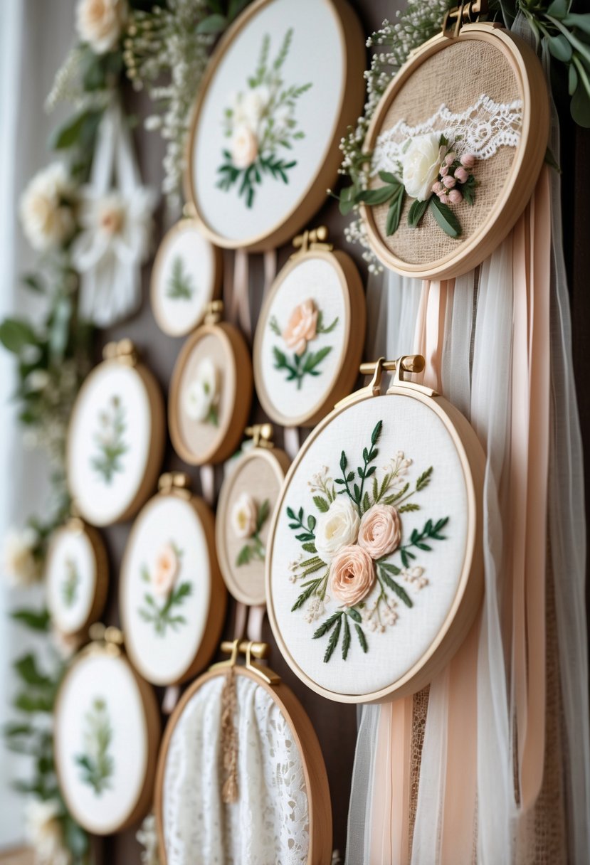 A display of layered embroidery hoops decorated with various fabrics, embroidery, and small flowers arranged for a wedding.