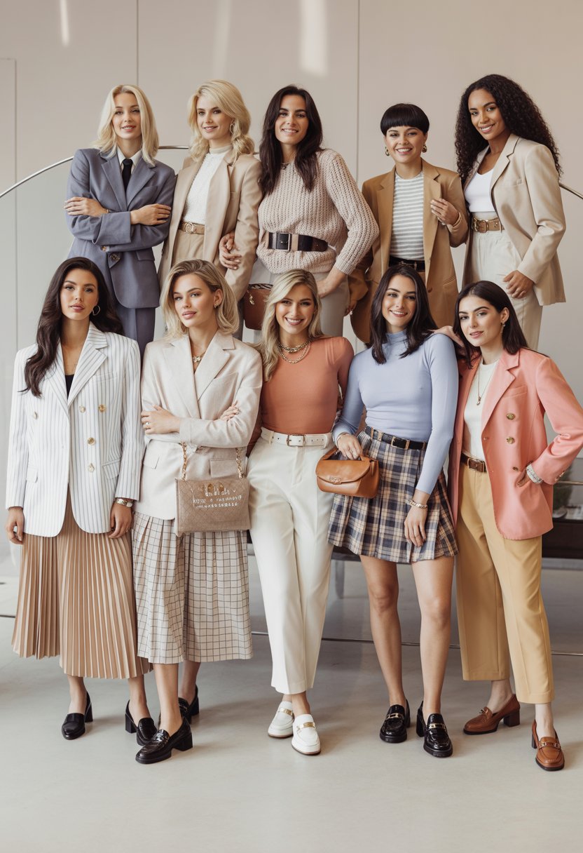 Twelve women standing together in a studio, each wearing different coordinated outfits and posing confidently.