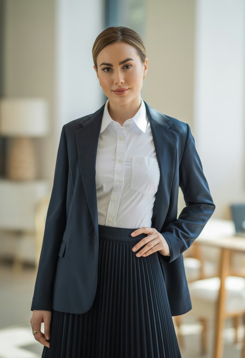 A woman standing indoors wearing a navy blazer, white button-down shirt, and pleated skirt.