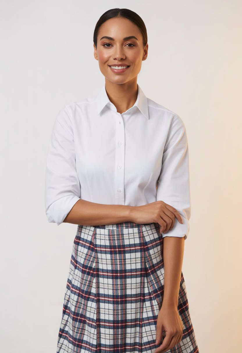 A woman wearing a white shirt tucked into a high-waisted plaid skirt, standing against a plain background.