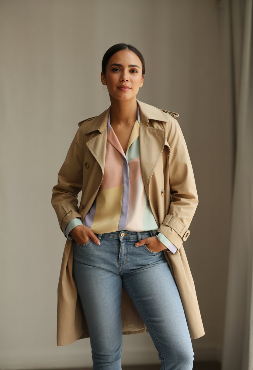 A woman standing wearing a beige trench coat over a pastel blouse and slim-fit jeans against a plain background.