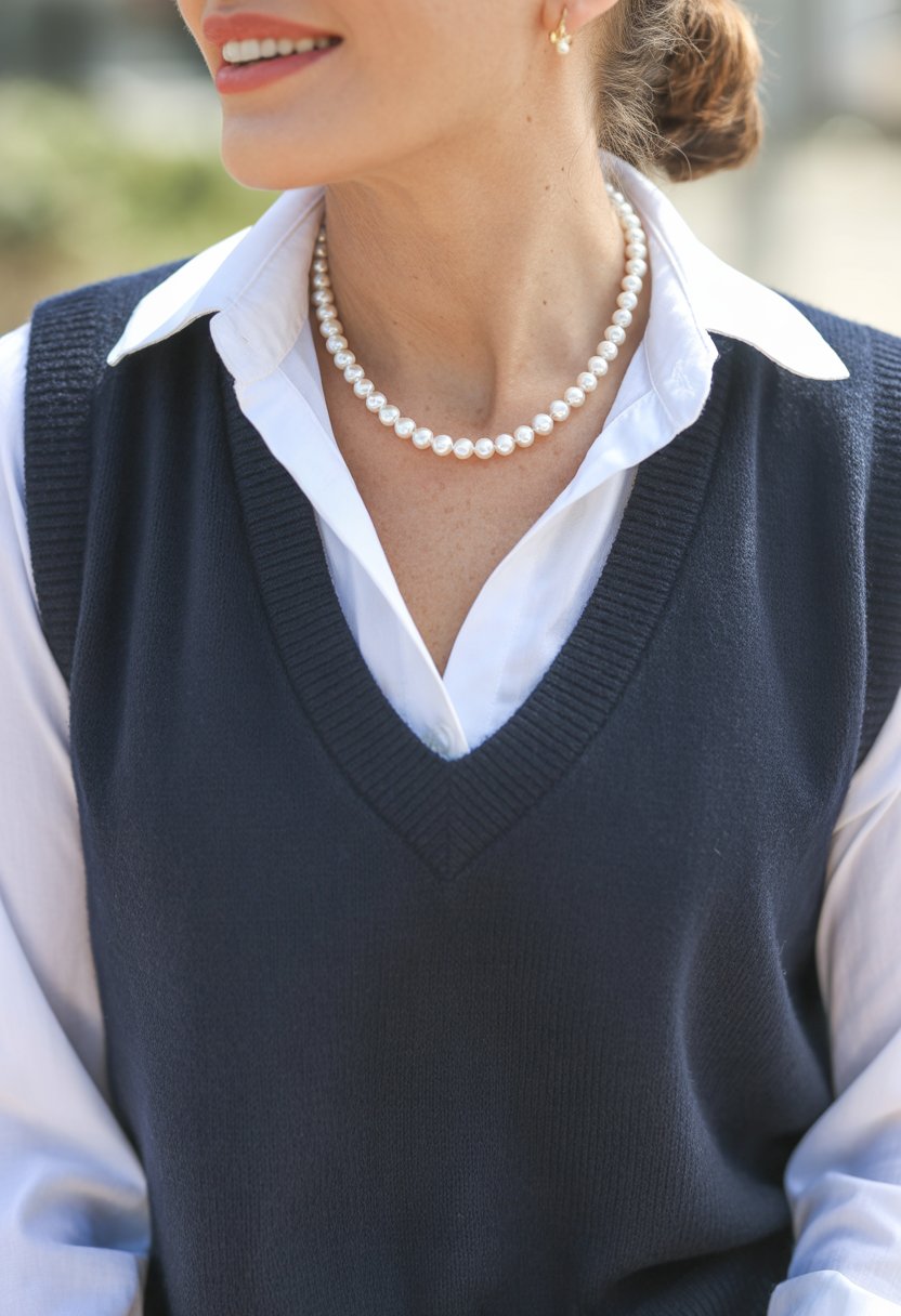 Close-up of a woman wearing a navy sweater vest over a white collared blouse with a pearl necklace.