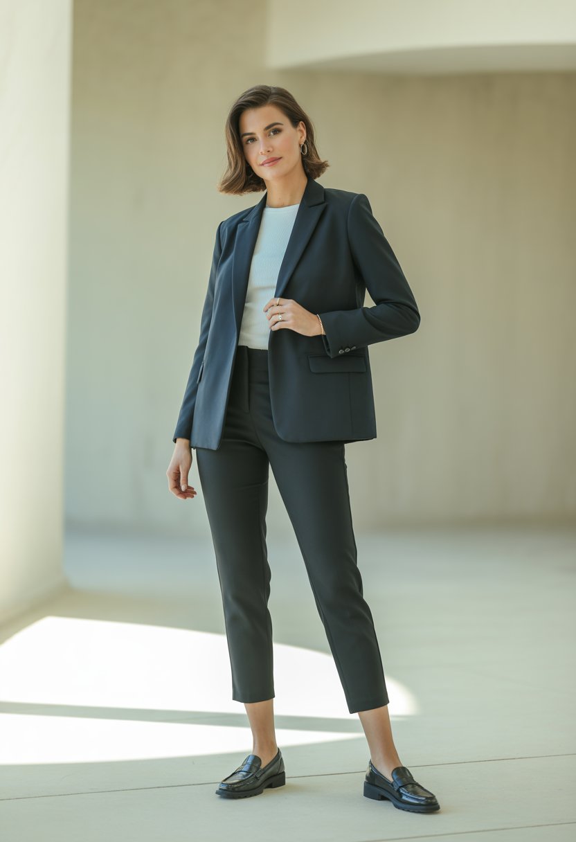 A woman standing wearing black loafers, a blazer, and ankle-length cigarette pants against a plain background.