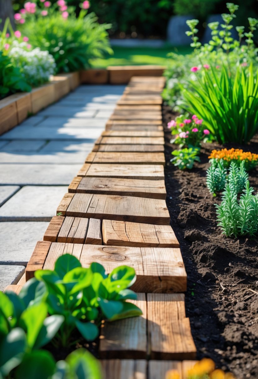 A garden bed bordered by rustic reclaimed wood edging with green plants and flowers beside a stone patio.