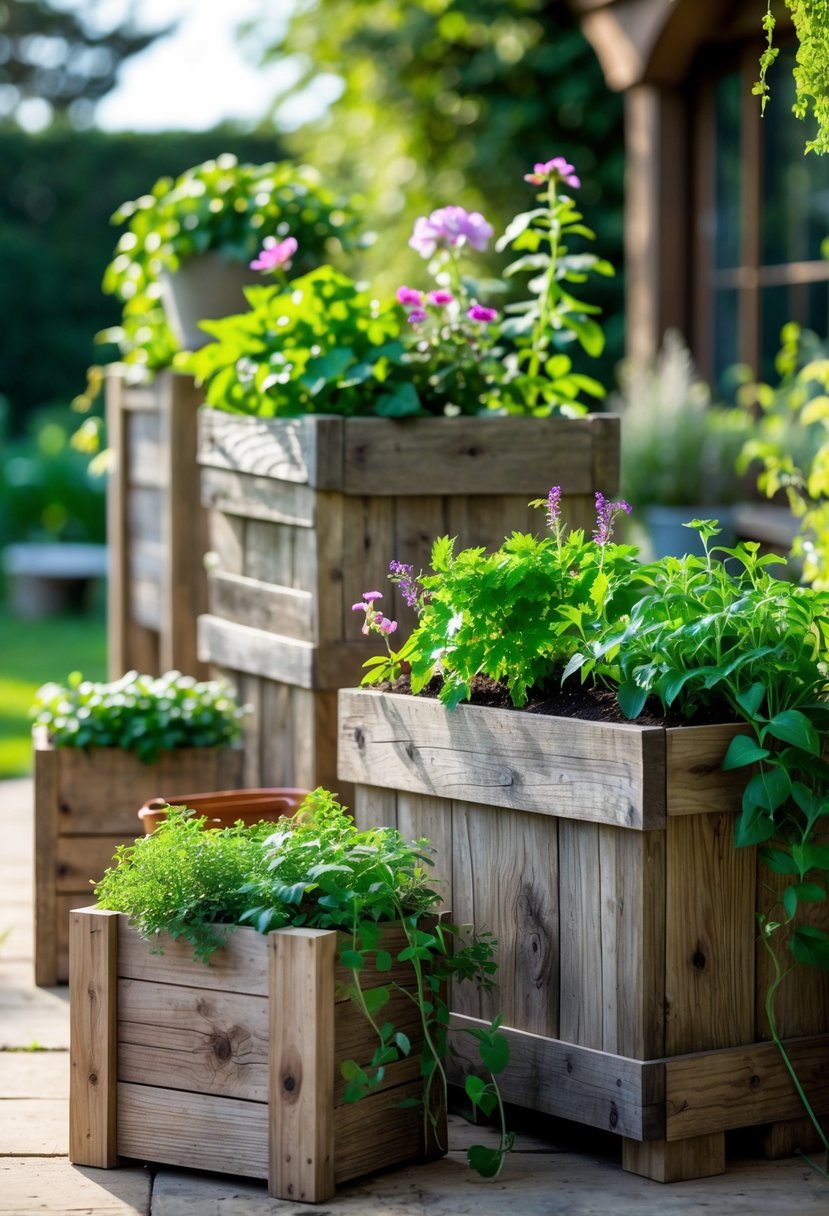 Rustic wooden planter boxes filled with green plants and colorful flowers arranged on a garden patio.